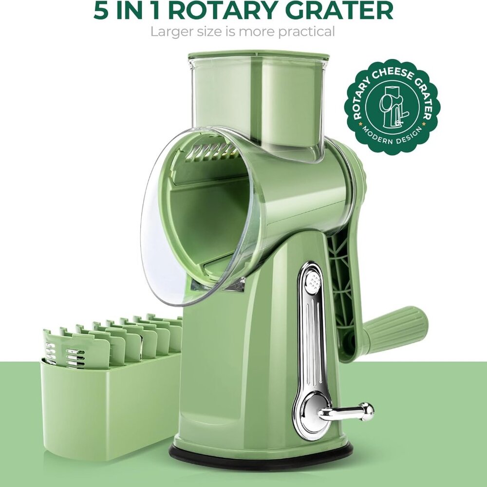 Rotary Cheese Grater w/Handle &5 Blades, Round Slicer & Vegetable Grater Green - Picture 8 of 8